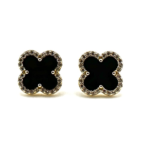 18K Gold Plated over 925 Sterling Silver Luxury Black Onyx Clover Stud Earrings - Picture 3 of 7
